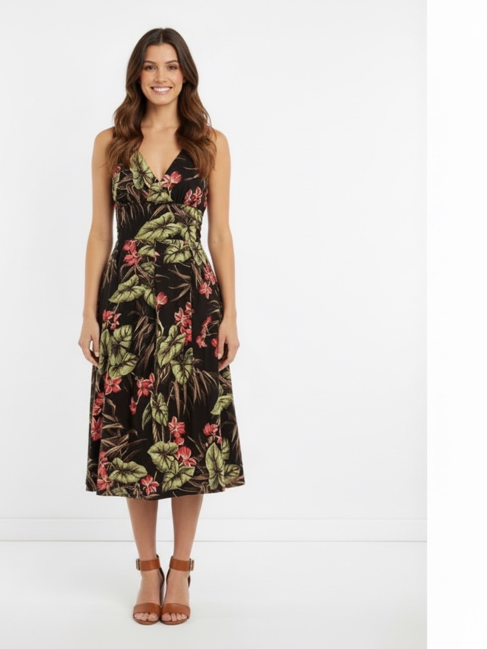 Jones New York Signature Tropical Floral Brown Pink Green Midi Dress Size 12